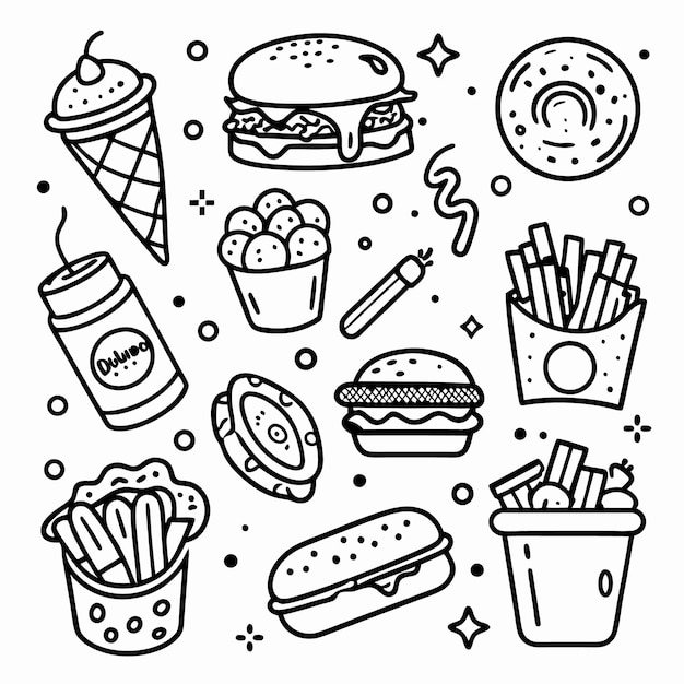 Colección de íconos de comida rápida en blanco y negro