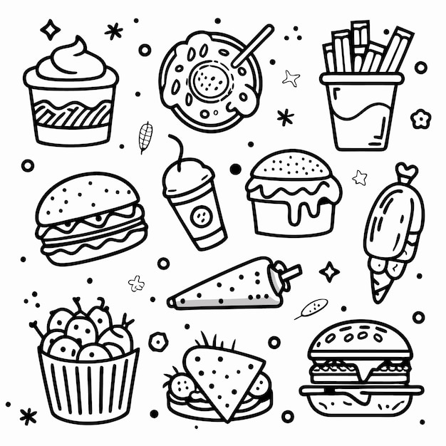 Una colección de iconos de comida rápida dibujados a mano con un fondo blanco