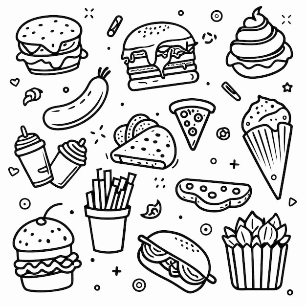 Colección de íconos de comida rápida dibujados a mano