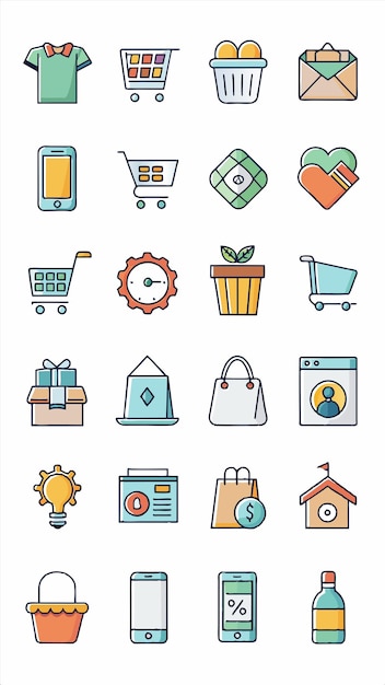 una colección de íconos para comprar, incluido un carrito de compras un carrillo de compras y un carro de compras