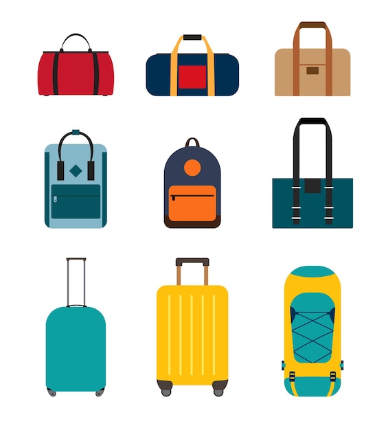 Colección de iconos conjunto de bolsas de viaje mochilas maletas aisladas en fondo blanco