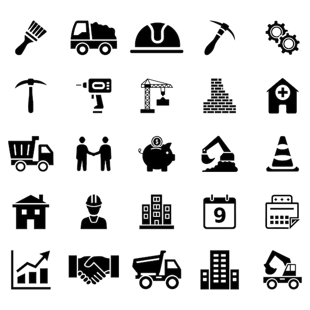 Colección de iconos de construcción en blanco y negro
