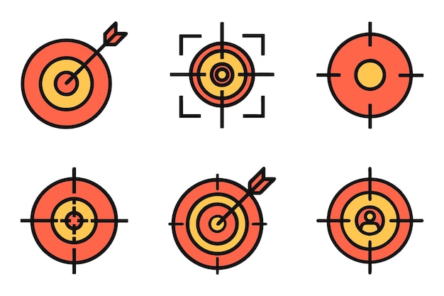Una colección de iconos de contorno de silueta de objetivo con ilustración vectorial plana