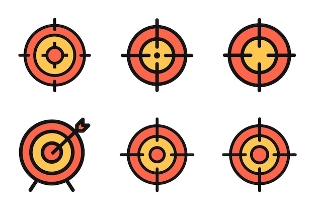 Una colección de iconos de contorno de silueta de objetivo con ilustración vectorial plana