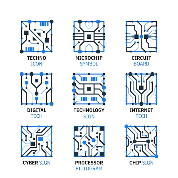 Colección de iconos de contorno vectorial con circuitos electrónicos Conjunto de iconos techno de línea mínima para mantenimiento de software y hardware procesador de microchip pictograma internet y signo cibernético aislado