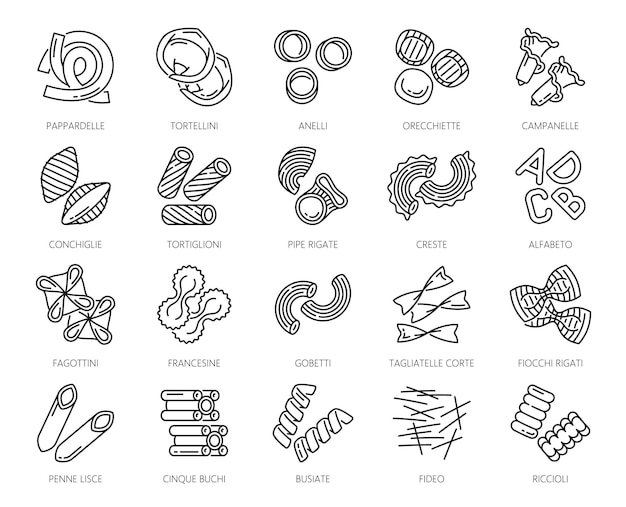 Colección de iconos de contornos de tipos de pasta italianos