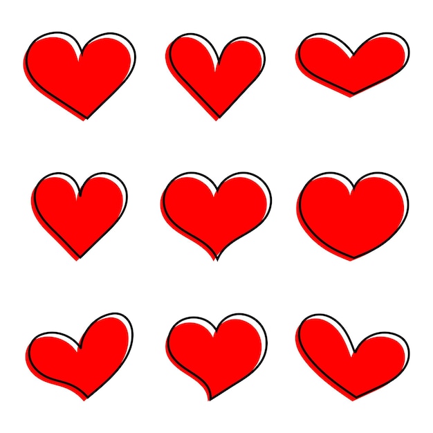 Colección de iconos de corazones. Transmisión en vivo de video, chat, me gusta. Colección de ilustraciones de corazón, conjunto de iconos de símbolo de amor. Corazones rojos. Dibujado a mano.