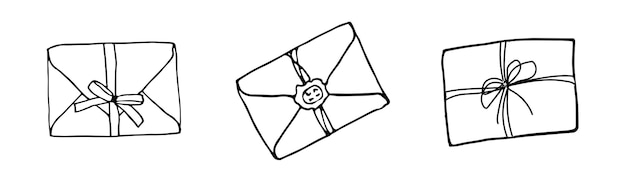 Colección de iconos de correo, sobres cerrados, símbolo de correo electrónico. Conjunto de letras de croquis. Dibujado a mano estilo de dibujos animados de doodle. Ilustración de dibujo vectorial. Icono de letra. Sobre de contorno cerrado