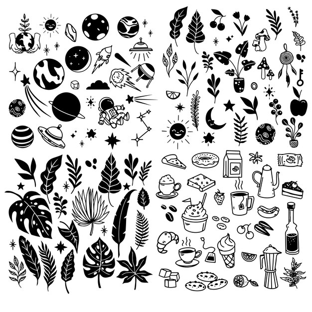 Colección de iconos de cosas clásico dibujado a mano en blanco y negro