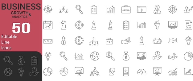 Colección de íconos de crecimiento de negocios y análisis de estilo de línea delgada editable moderna