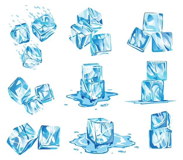 colección de iconos de cubitos de hielo de agua. partículas de agua congelada. conjunto de cubitos de hielo translúcidos en azul