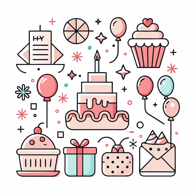 Una colección de iconos de cumpleaños dibujados a mano, incluidos regalos de pastel, globos y cupcakes