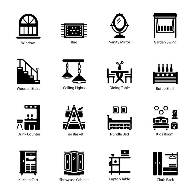 Colección de íconos de decoración de casas de estilo glifo