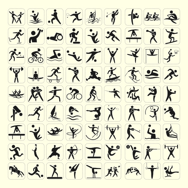 Colección de íconos de deportes y actividades en estilo blanco y negro