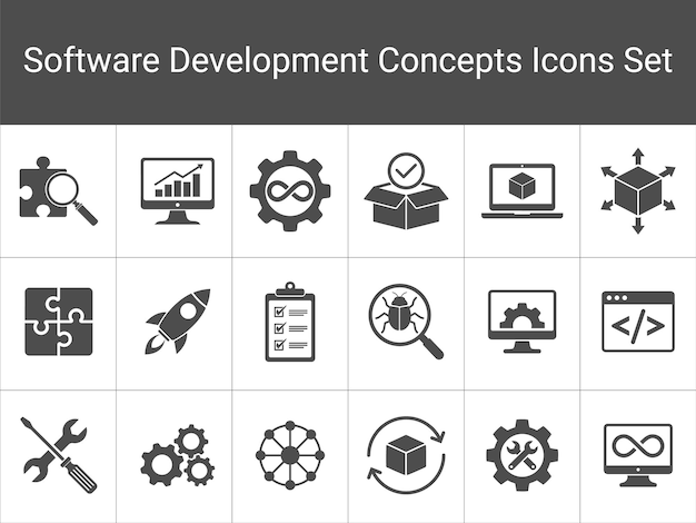 Colección de iconos de desarrollo de software Incluye símbolos de despliegue de codificación de depuración de procesos