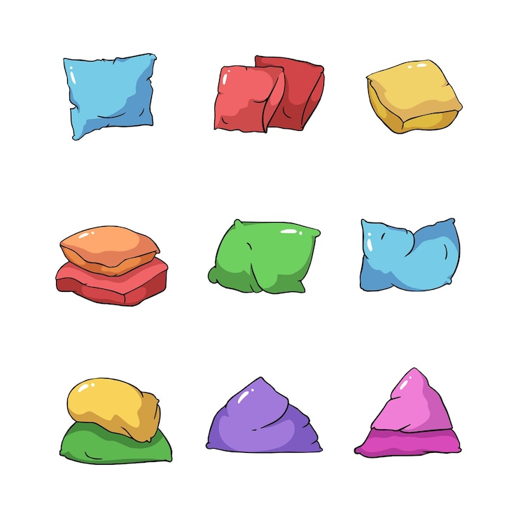 Vector colección de iconos de dibujos animados de almohada estilo dibujado a mano con contorno ilustración aislada