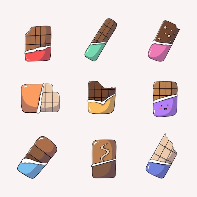 Colección de iconos de dibujos animados de bares de chocolate estilo dibujado a mano con contorno ilustración aislada