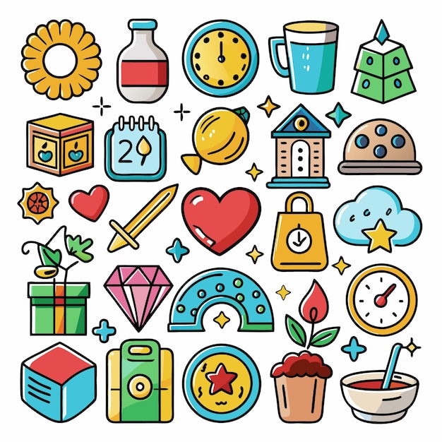 Colección de iconos de dibujos animados coloridos Objetos alimenticios y artículos divertidos