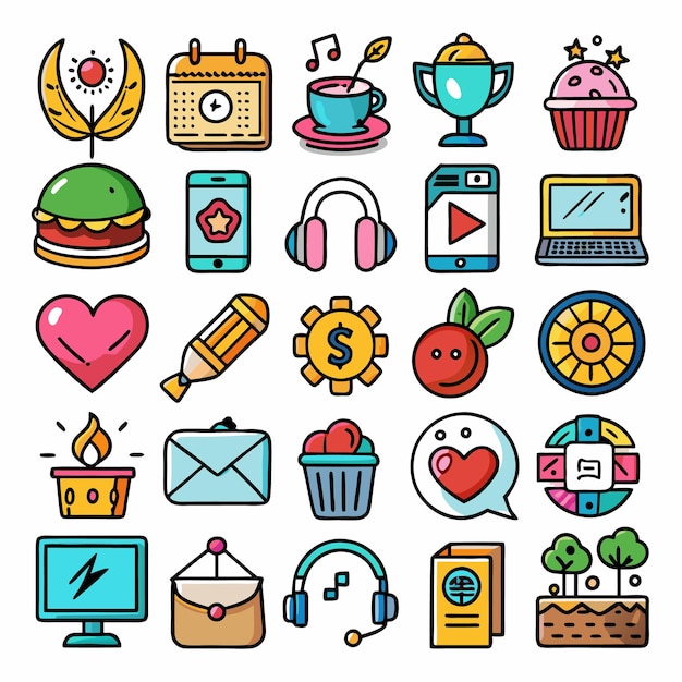 Colección de iconos de dibujos animados coloridos Objetos alimenticios y artículos divertidos