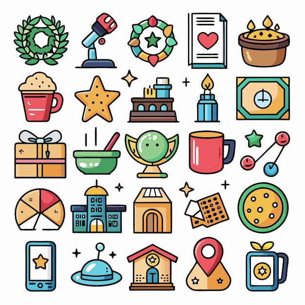 Colección de iconos de dibujos animados coloridos Objetos alimenticios y artículos divertidos
