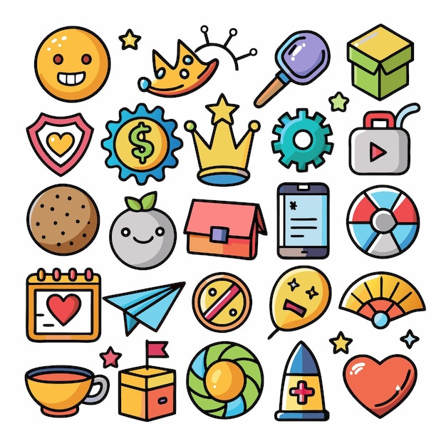 Colección de iconos de dibujos animados coloridos Objetos alimenticios y artículos divertidos