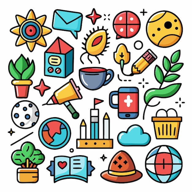 Colección de iconos de dibujos animados coloridos Objetos alimenticios y artículos divertidos
