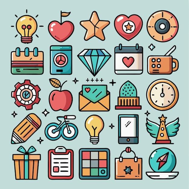 Colección de iconos de dibujos animados coloridos Objetos alimenticios y artículos divertidos