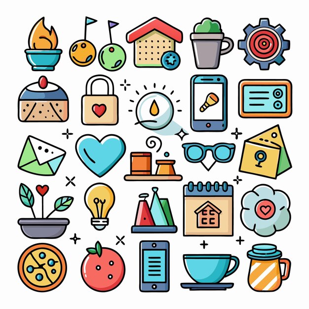 Colección de iconos de dibujos animados coloridos Objetos alimenticios y artículos divertidos