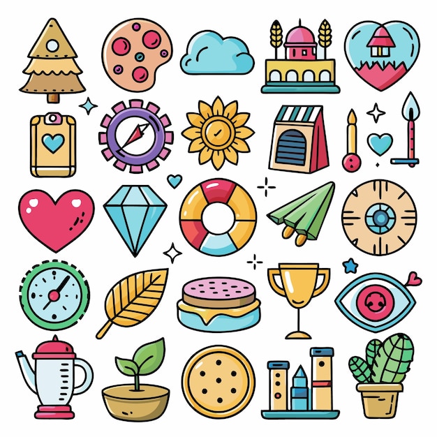 Colección de iconos de dibujos animados coloridos Objetos alimenticios y artículos divertidos