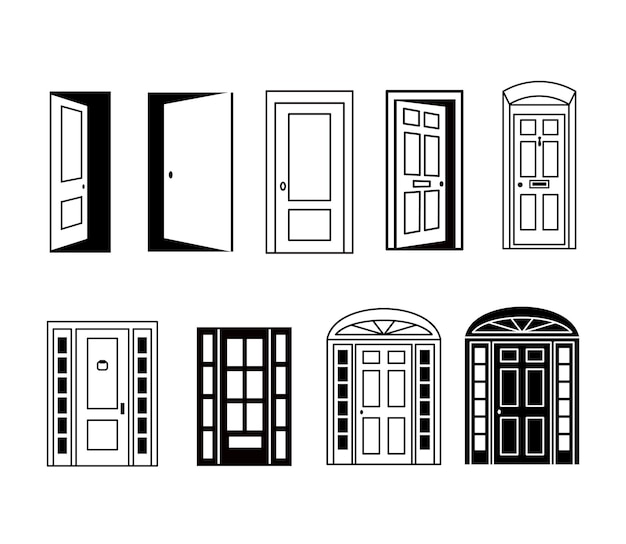 Vector colección de iconos de diferentes puertas silueta abierta y cerrada de puerta a casa aislada en blanco entrada vectorial en estilo de esquema