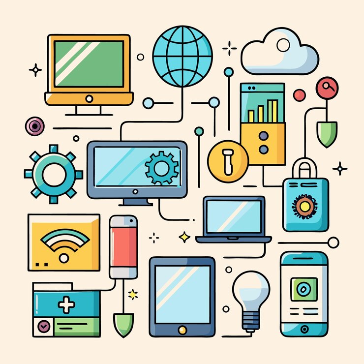 Vector una colección de iconos digitales y tecnológicos en un diseño de estilo web conectado
