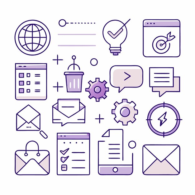 Colección de iconos de doodle relacionados con el marketing empresarial y la comunicación en línea