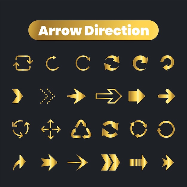 Colección de iconos dorados de flecha vectorial plana