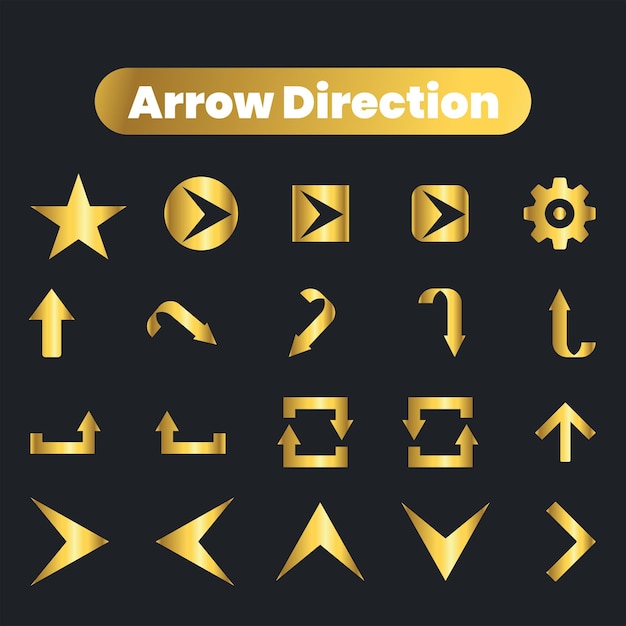 Colección de iconos dorados de flecha vectorial plana