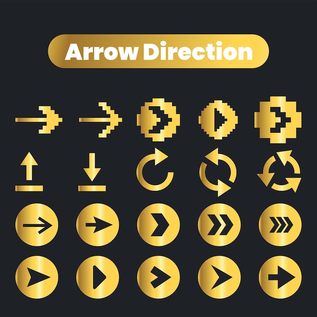 Colección de iconos dorados de flecha vectorial plana