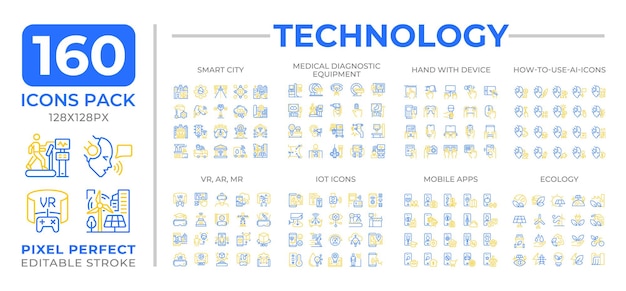 Colección de iconos de dos líneas de color de tecnología