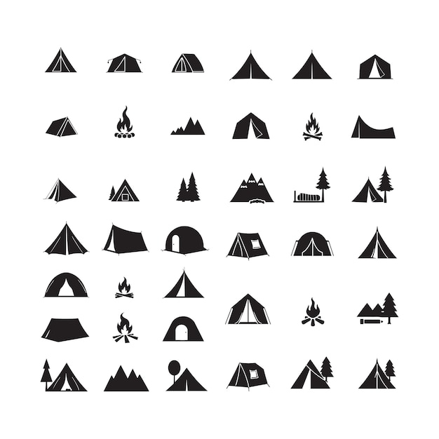 Colección de íconos e ilustraciones de acampadas y aventuras al aire libre