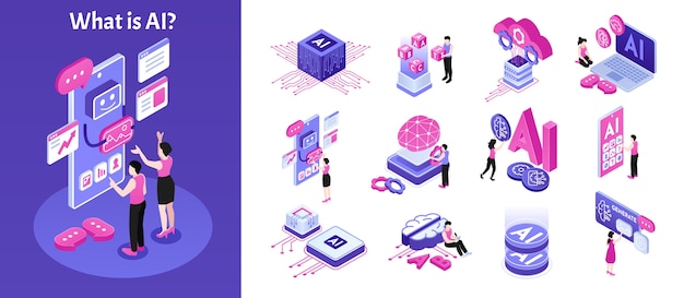 Colección de iconos e ilustraciones de inteligencia artificial de dibujos animados isométricos