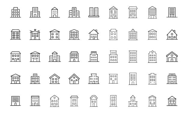 Colección de iconos de edificios y elementos arquitectónicos en estilo de arte de línea