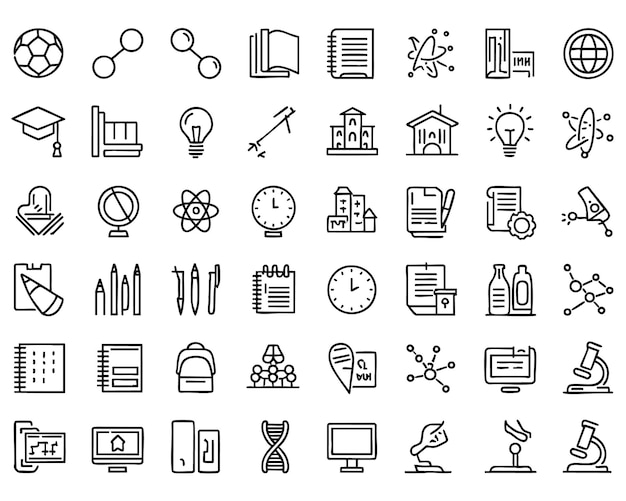 una colección de iconos de la educación, incluyendo un reloj, un reloj y un reloj