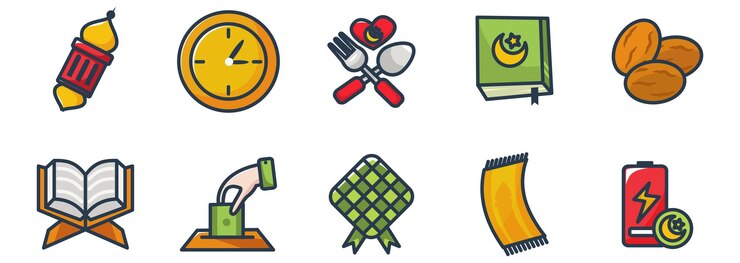 Colección de iconos de elementos coloridos de Ramadán con estilo de arte de línea llena