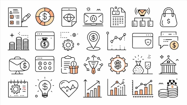 una colección de iconos empresariales, incluido un informe financiero
