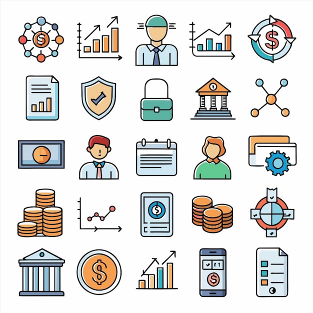 una colección de iconos empresariales, incluido un informe financiero