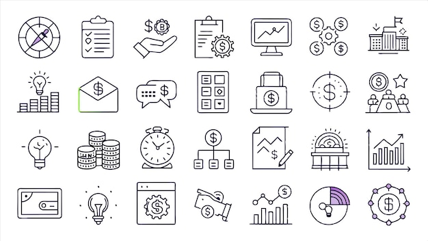 una colección de iconos empresariales, incluido un informe financiero