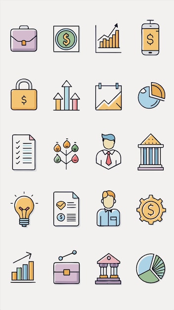 una colección de iconos empresariales, incluido un informe financiero