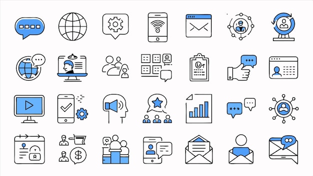 una colección de iconos empresariales que incluyen un fondo azul y blanco con una flecha azul que apunta a t