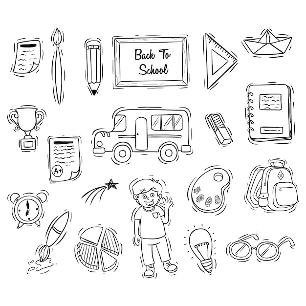 Colección de iconos de escuela con estilo doodle blanco y negro