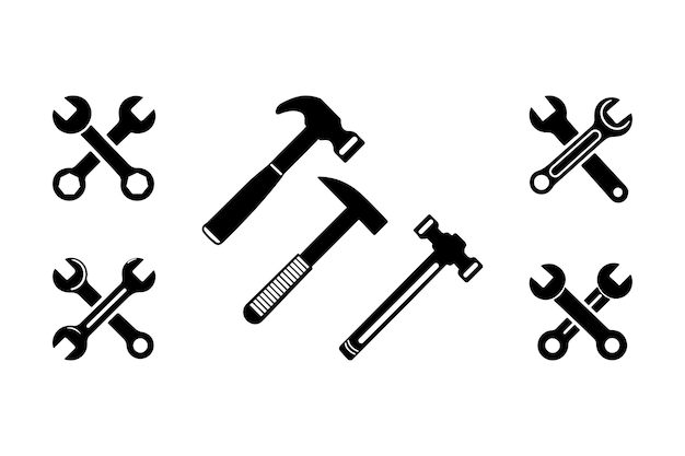 Una colección de iconos esenciales de herramientas manuales, incluidos martillos, destornilladores y llaves