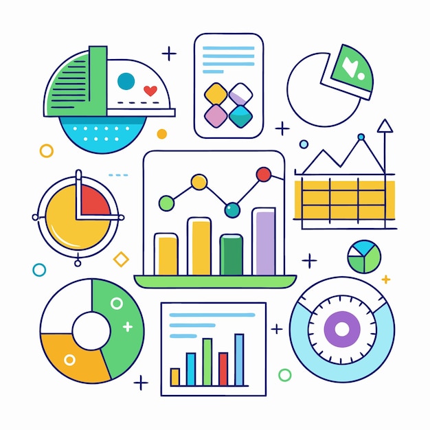 Colección de iconos de estadísticas Vector e ilustración Con gráfico