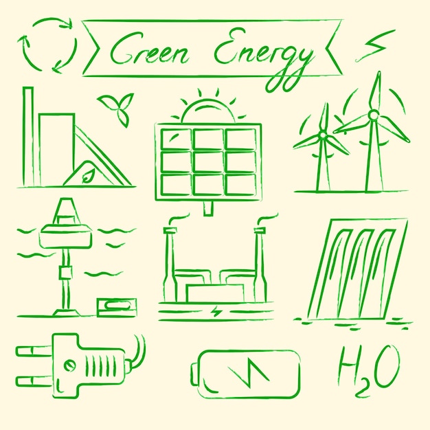 Colección de iconos de estilo dibujados a mano de energía renovable